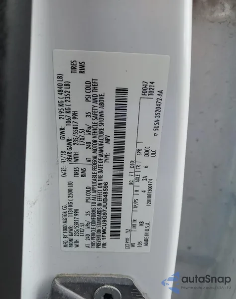 2018 Ford Escape Se from USA, damaged, VIN 1FMCU9G97JUB48596